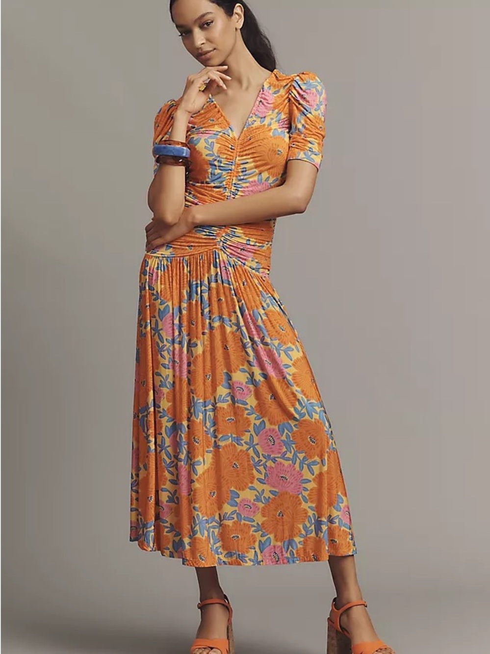 FARM Rio Orange Floral Midi Dress with Pink & Blue Blooms